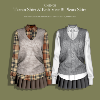 [RIMINGS] Tartan Shirt & Knit Vest & Pleats Skirt